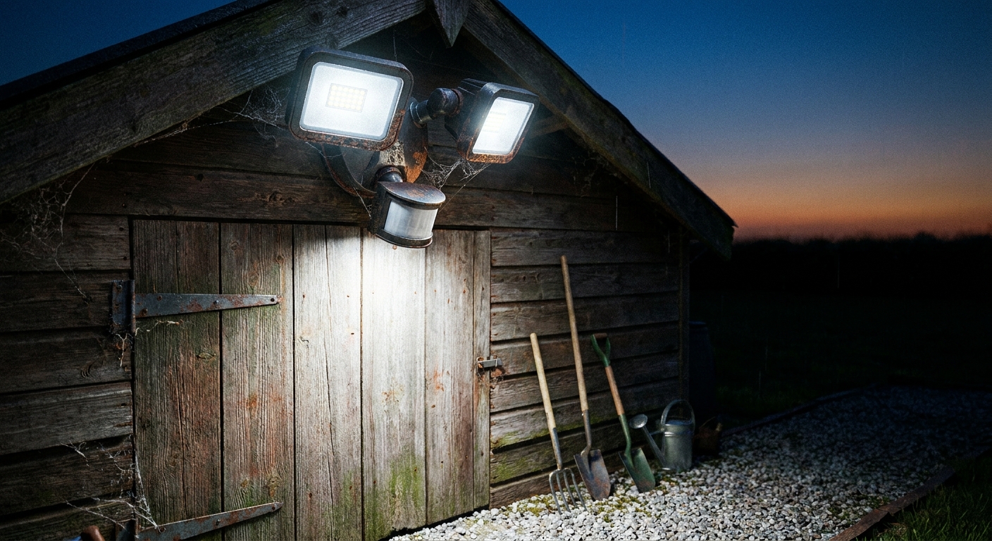 Motion-activated security light installed above a shed door for added safety.
