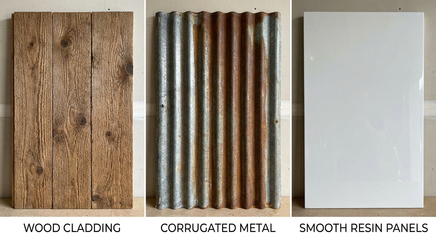 Comparison of wood, metal, and plastic shed material textures.