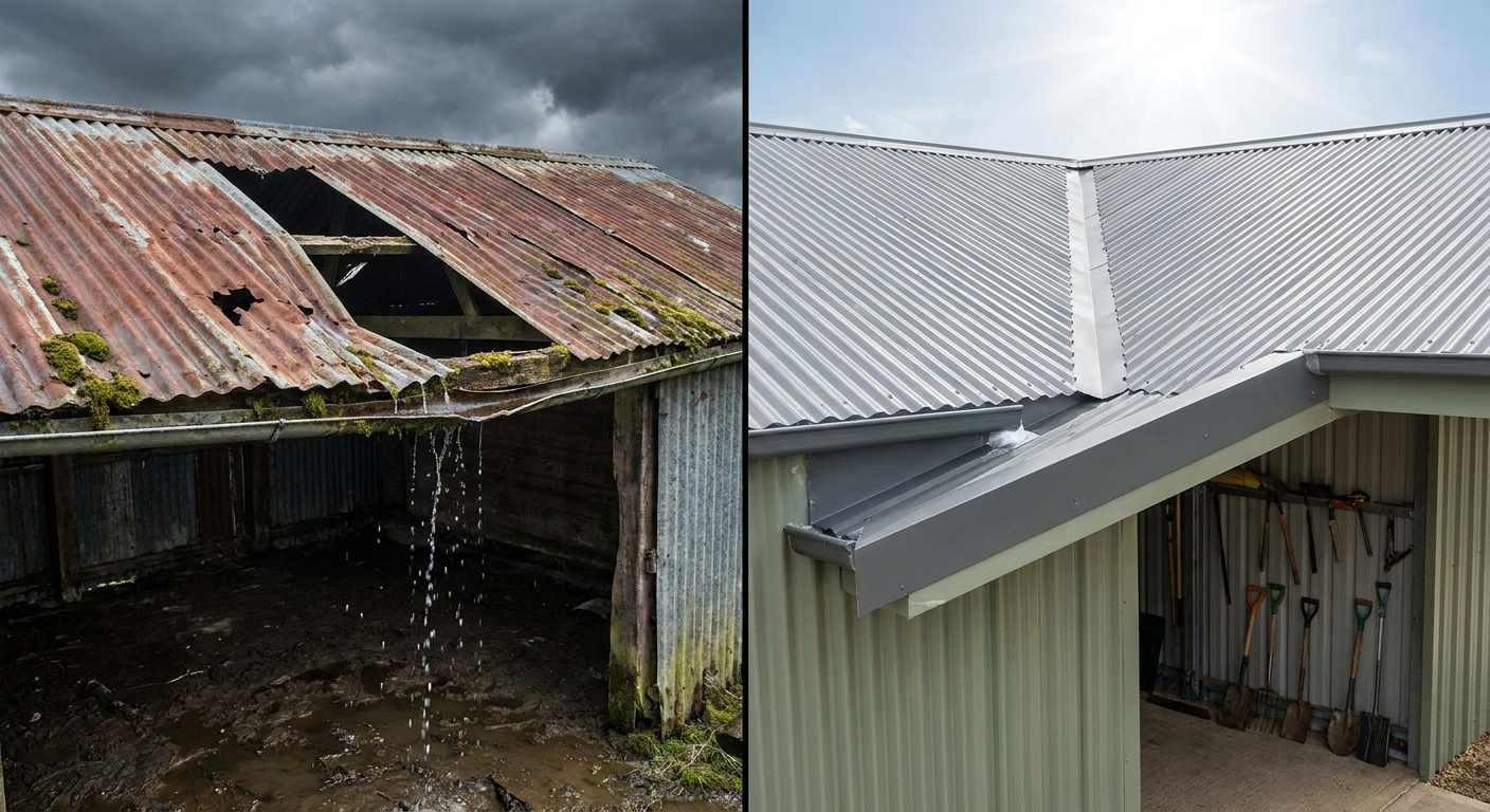 Before and after of a repaired shed roof.