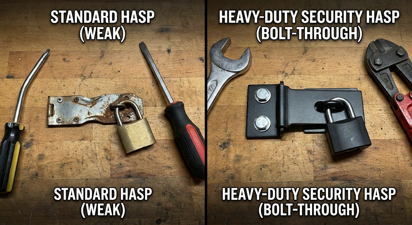 Comparison of standard versus heavy-duty security hasp and staple for sheds.