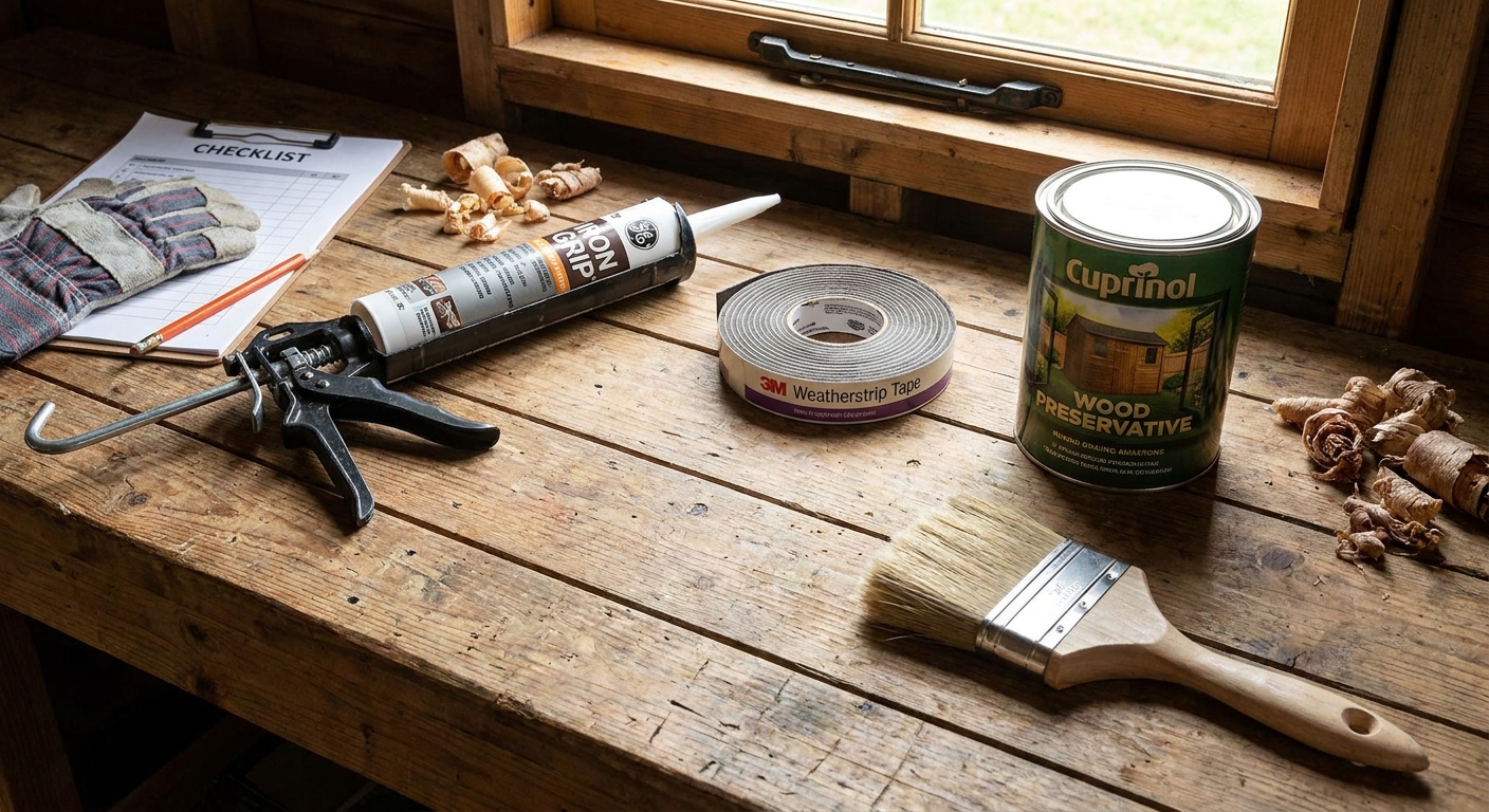 Tools and materials needed for weatherproofing a shed.