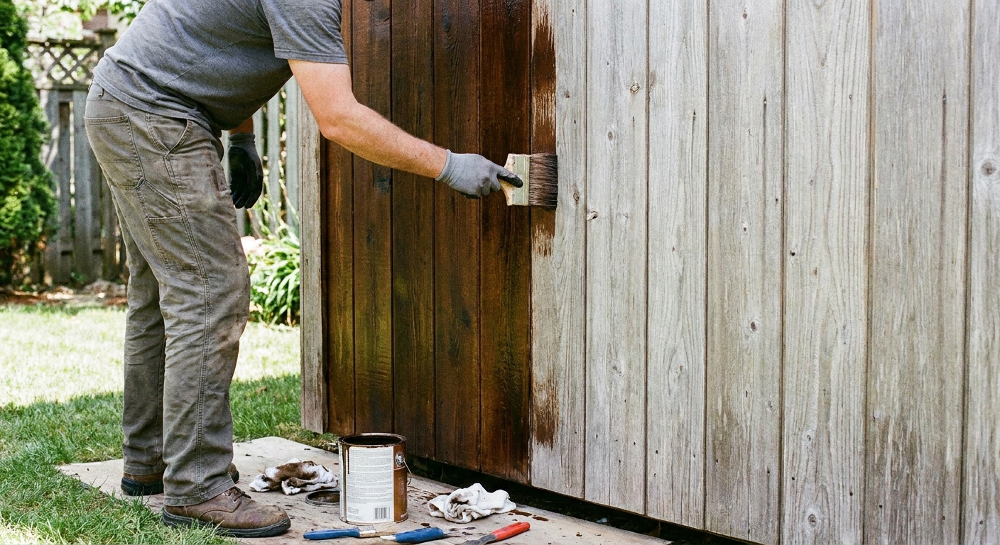Applying wood stain to a shed
