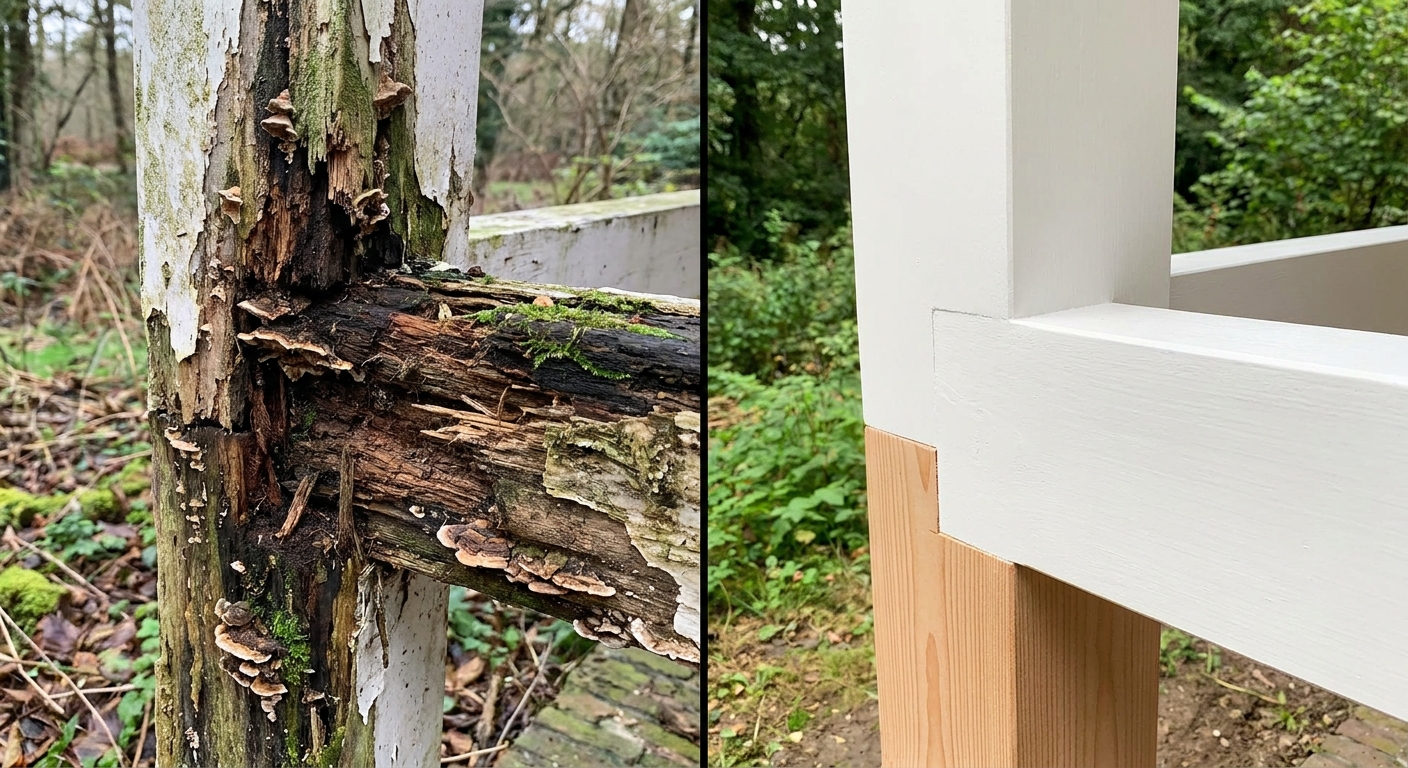 Before and after of shed wood repair