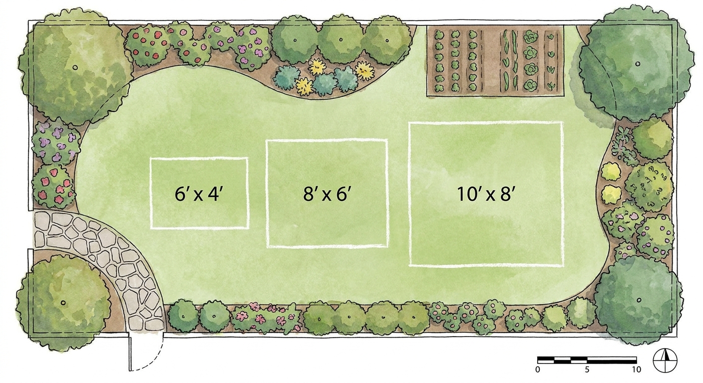 Diagram illustrating different shed sizes in a garden layout.