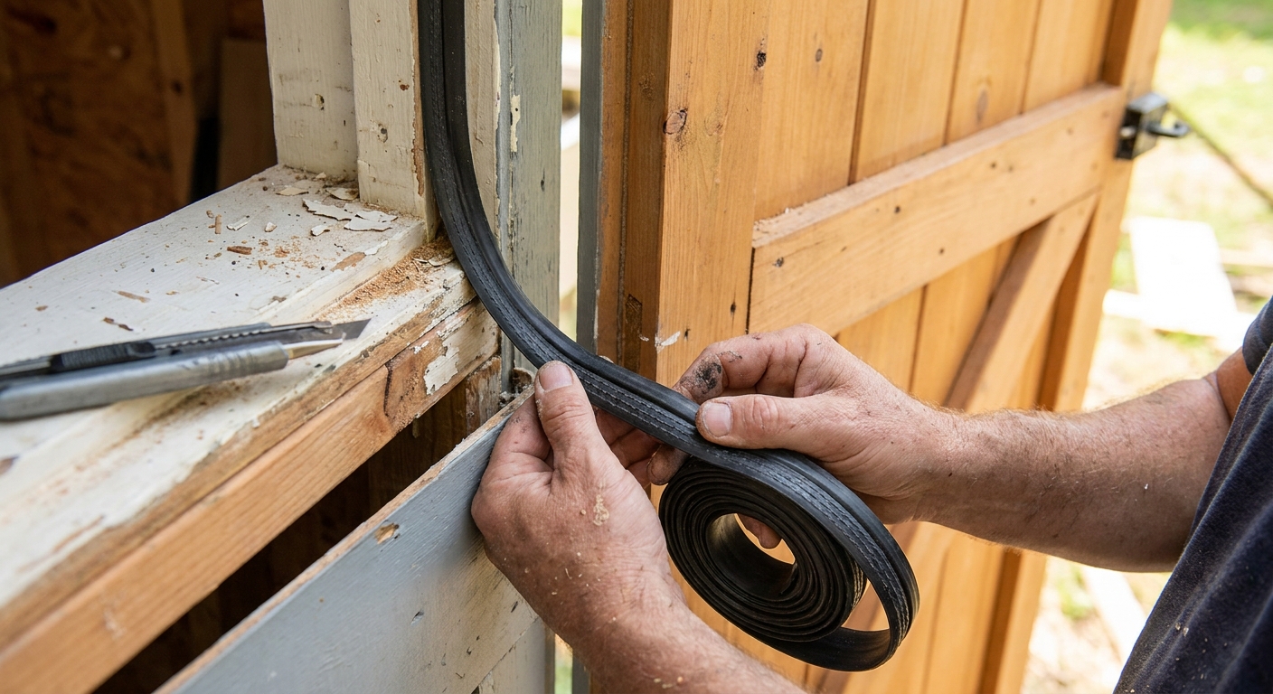 Installing weatherstripping on a shed door.