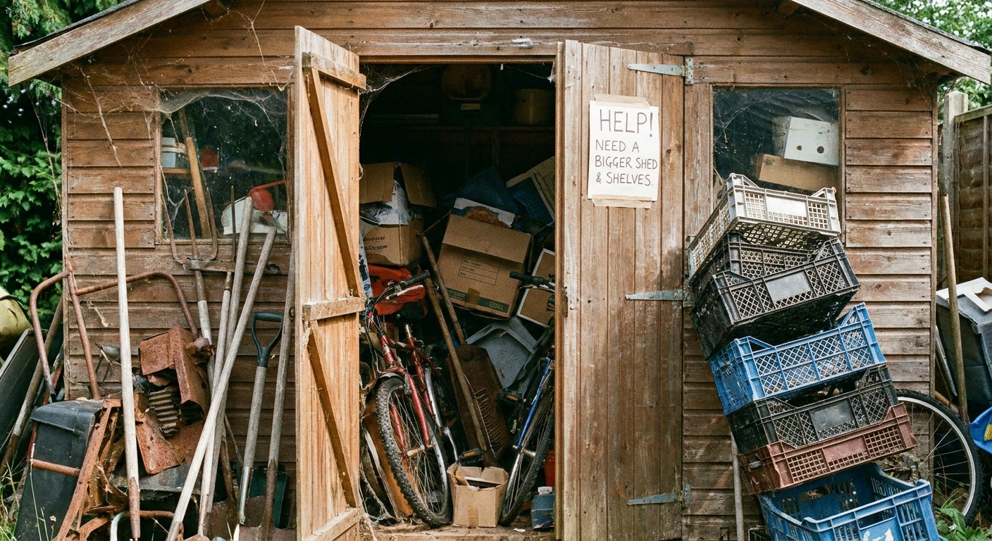 An overcrowded garden shed showing the importance of choosing the right size.