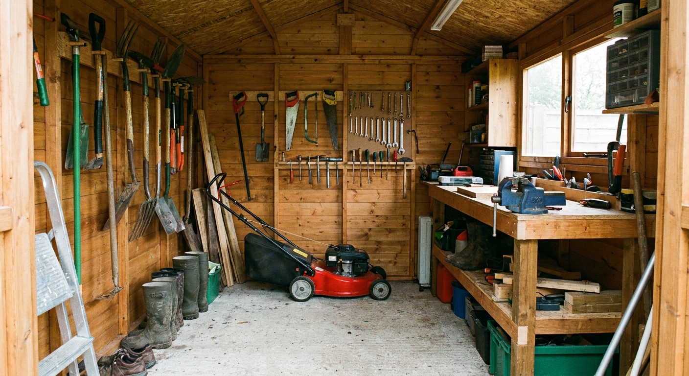 Interior view of a well-organised garden shed with tools and equipment.