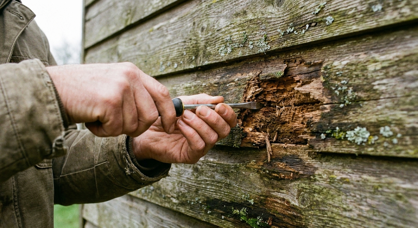 Inspecting shed wood for rot and damage.