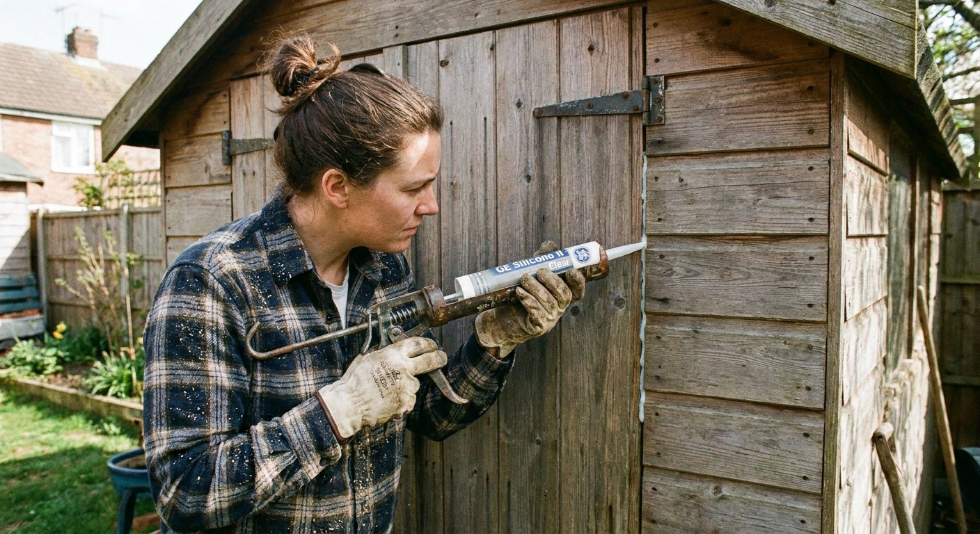 Applying caulk to seal gaps in shed walls.