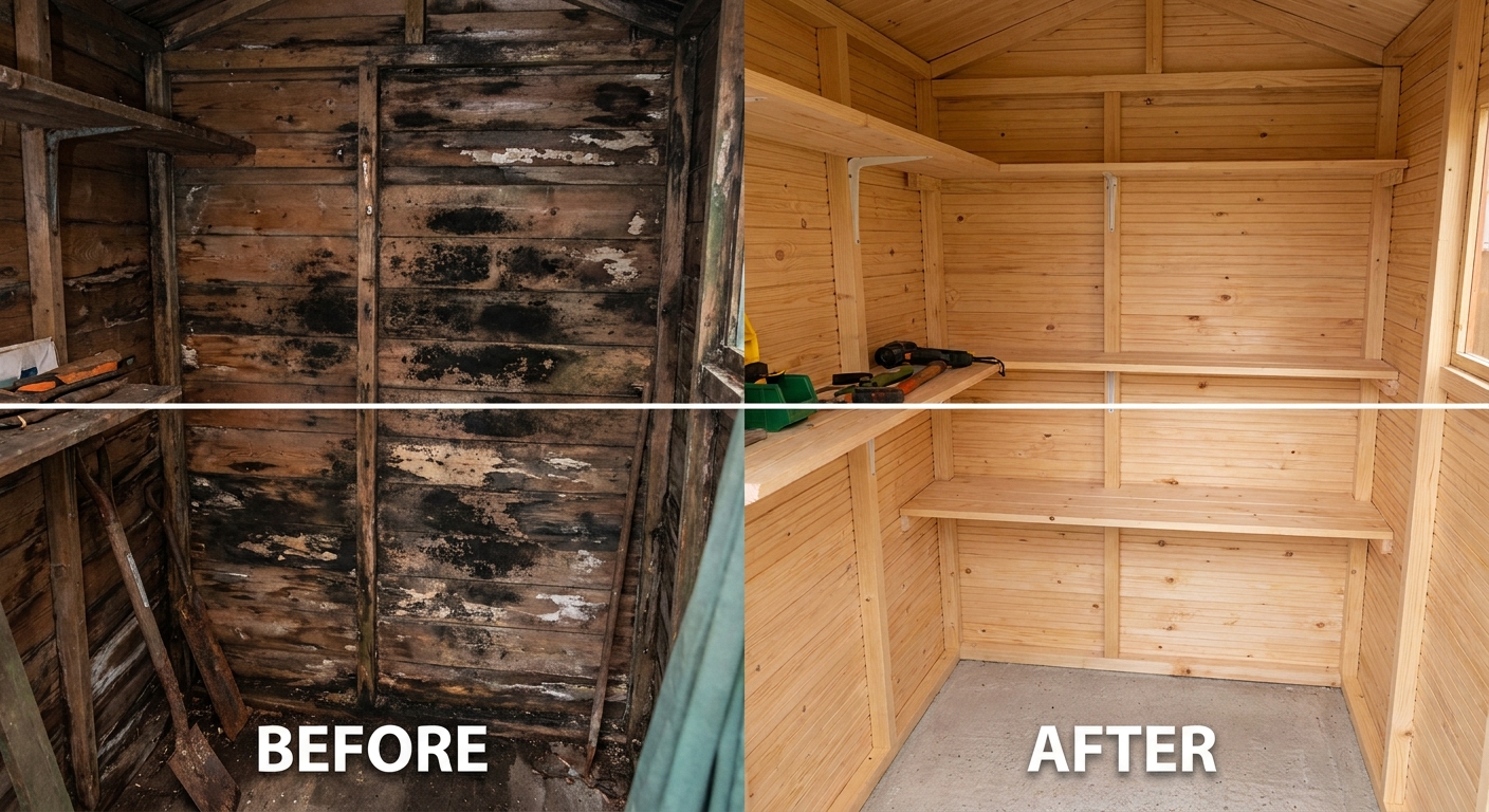 Before and after fixing damp and rot in a wooden shed