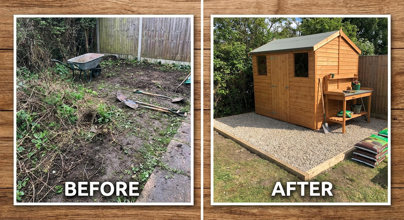 Before and after DIY shed base installation in a UK garden