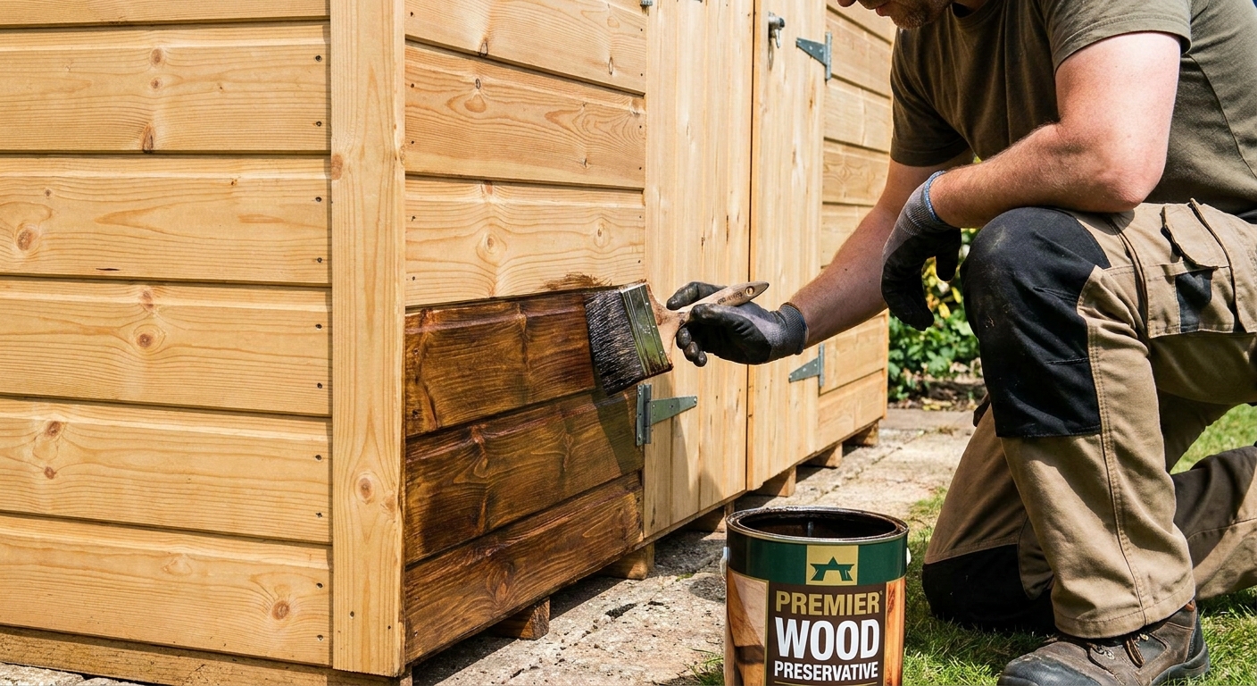 Applying wood preservative to a shed to protect against damp and rot