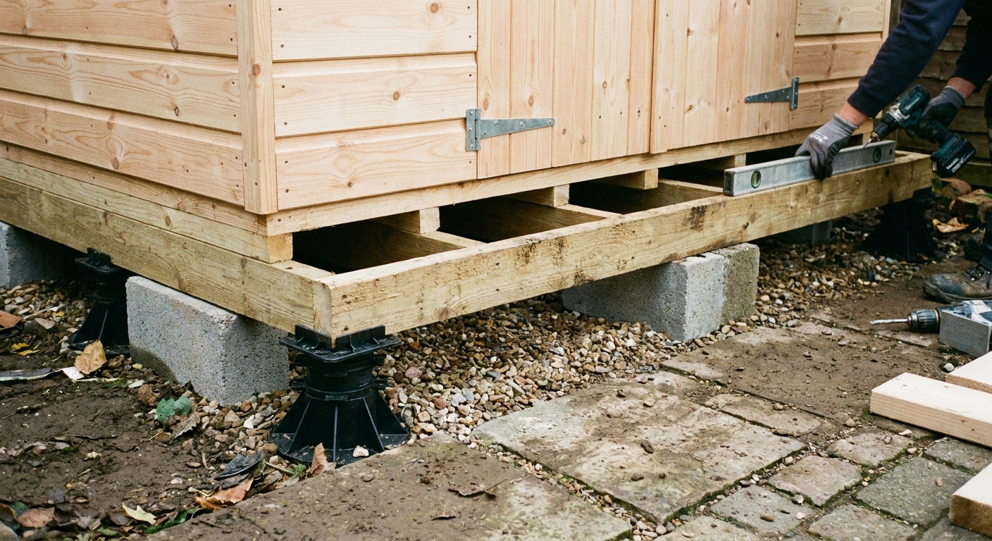 Wooden shed raised on a solid base to prevent damp