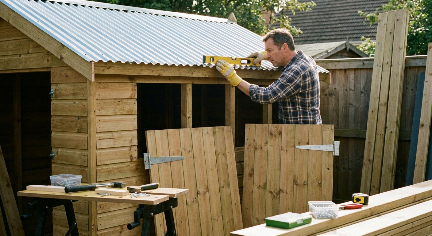 Fitting roof panels and doors on a flat-pack garden shed