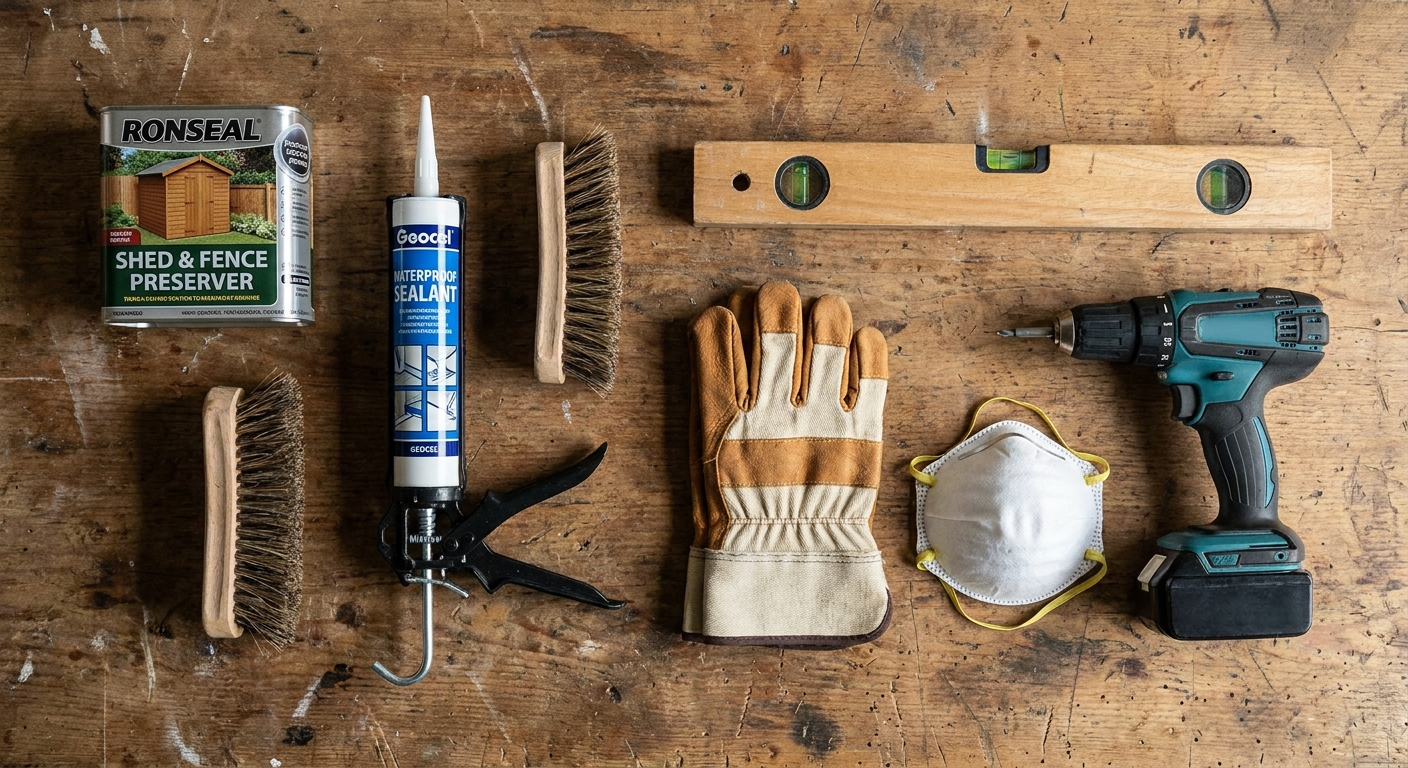 Essential tools and products for preventing damp and rot in a wooden shed