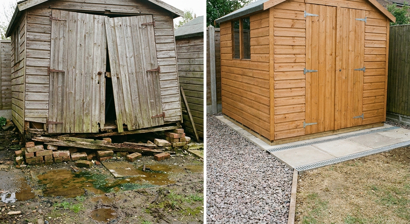 Example of a shed with an uneven base and water drainage issues