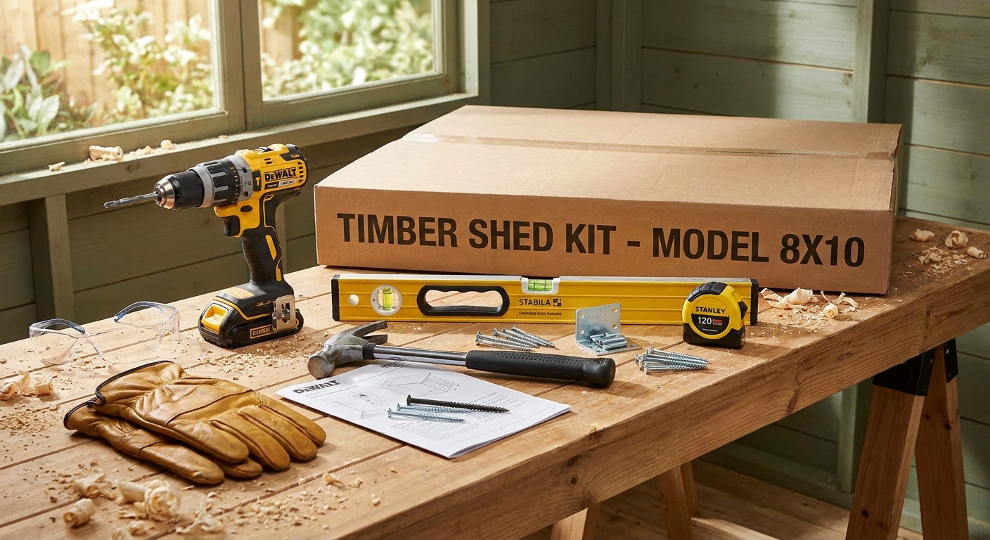Essential tools and materials for assembling a flat-pack garden shed