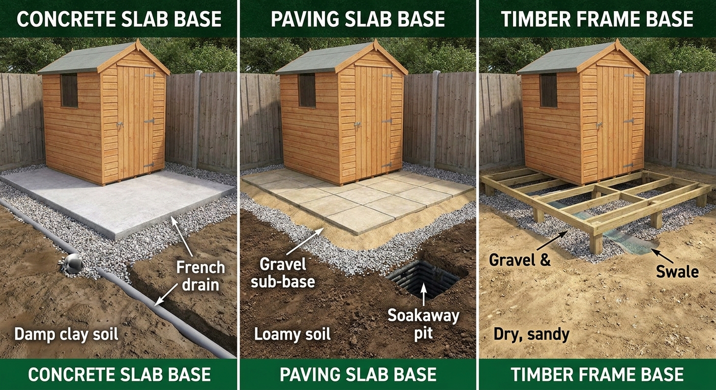 Comparison of concrete, paving slab, and timber frame shed bases